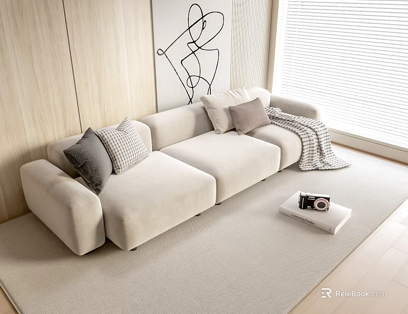 Modern Beige Three-Seater Sofa with Pillows Blanket on Soft Rug Near Window and Decorative Art 3d model 