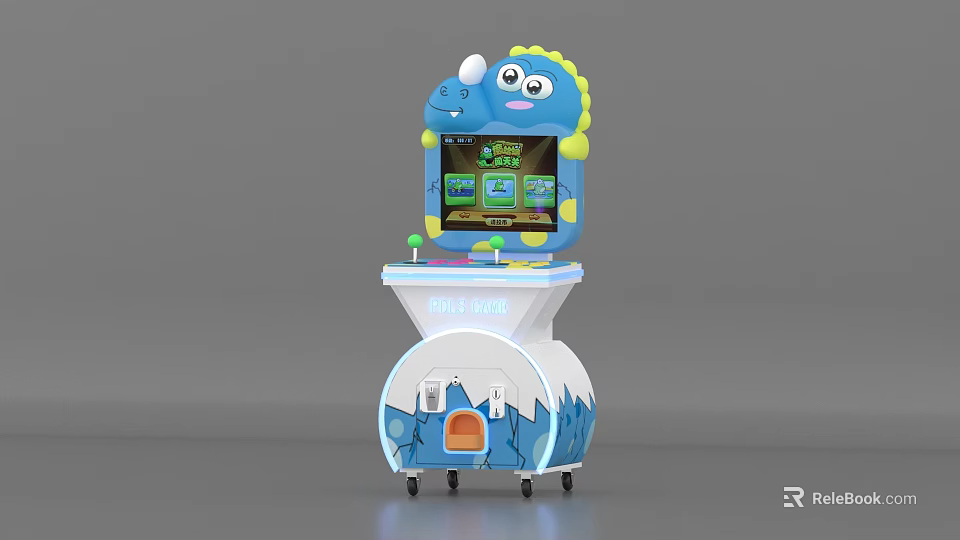 Cartoon Blue Dinosaur Design Entertainment Appliance Game Machine with Screen Joysticks and Wheel Base 3d model 