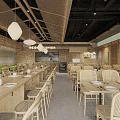 Modern Natural Restaurant Interior With Wooden Tables Rattan Chairs And Hanging Pendant Lights