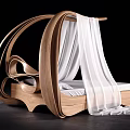 Elegant Wooden Double Bed With Curved Frame And White Drapes