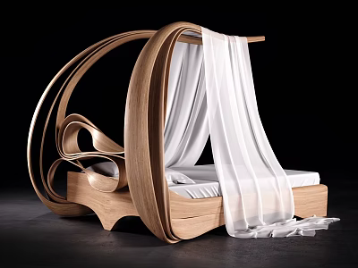 Elegant Wooden Double Bed With Curved Frame And White Drapes 3d model