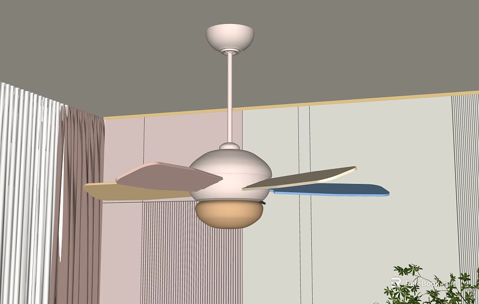 Modern Ceiling Fan With Colorful Blades And Light In Interior Room With Curtains 3d model 