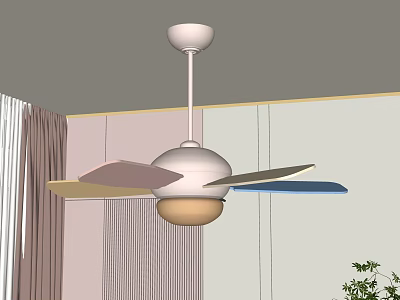 Modern Ceiling Fan With Colorful Blades And Light In Interior Room With Curtains 3d model