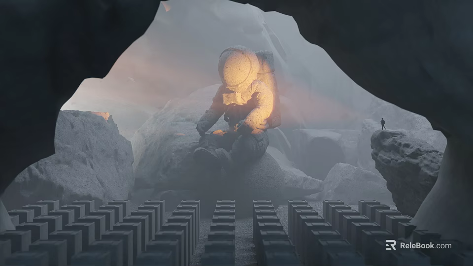 Scenic Landscape Featuring Astronaut Sitting on Rocks Stone Pillars Sunlight and Distant Figure 3d model 