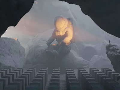 Scenic Landscape Featuring Astronaut Sitting on Rocks Stone Pillars Sunlight and Distant Figure 3d model