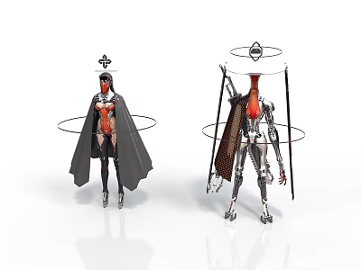 Fantasy Characters And Mechanical Creatures With Cloaks Halos And Metallic Structures 3d model