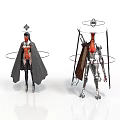 Fantasy Characters And Mechanical Creatures With Cloaks Halos And Metallic Structures