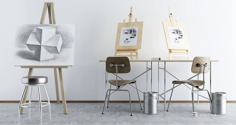 Well Arranged Art Supplies Studio With Wooden Easels Canvas Sketches Metal Chairs And Table 3d model 