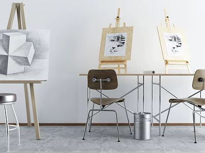 Well Arranged Art Supplies Studio With Wooden Easels Canvas Sketches Metal Chairs And Table 3d model
