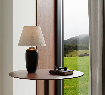 Table Lamp With Light Shade On Wooden Table By Window With Green Lawn Mountain View 3d model