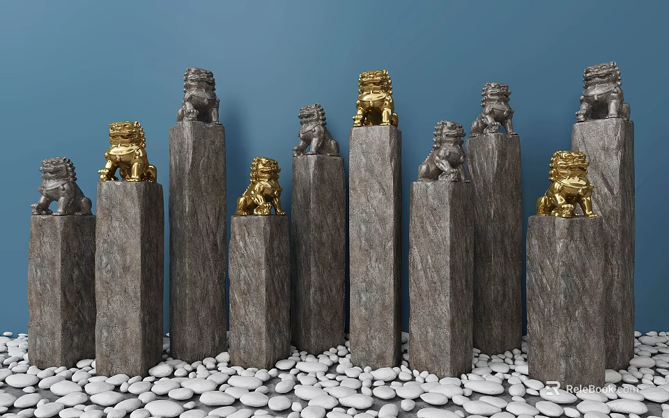 Decorative Stone Pillars With Gold And Gray Lion Statues In Blue Background On White Pebbles 3d model 