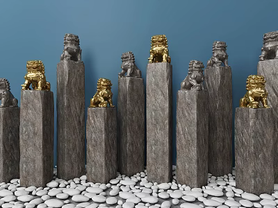 Decorative Stone Pillars With Gold And Gray Lion Statues In Blue Background On White Pebbles 3d model