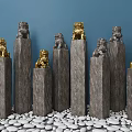 Decorative Stone Pillars With Gold And Gray Lion Statues In Blue Background On White Pebbles