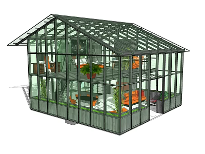 Glass Structure B&B With Transparent Design Indoor Plants And Orange Sofas 3d model