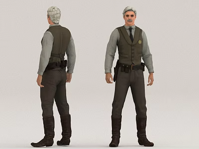Man With Gray Hair In Vest Shirt Pants Belt Boots And Badge Front Back View 3d model