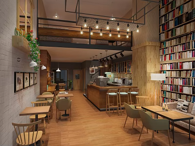 Cozy Café Interior With Wooden Bookshelves Hanging Lights Bar Counter And Tables 3d model