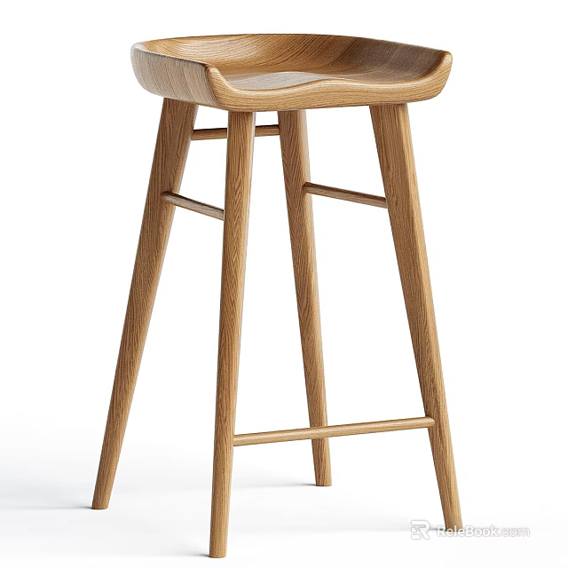 Natural Wooden Bar Stool With Curved Backrest And Sturdy Leg Structure 3d model 
