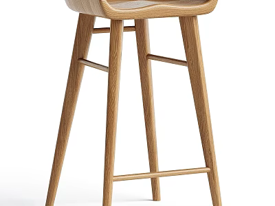 Natural Wooden Bar Stool With Curved Backrest And Sturdy Leg Structure 3d model