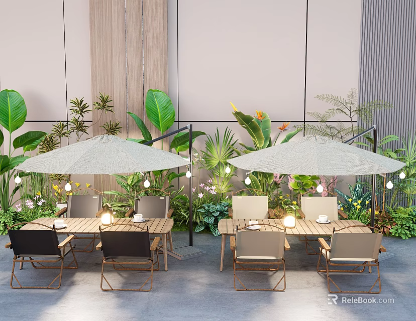 Outdoor Dining Area With Plant Combinations Lush Greenery Tropical Leaves String Lights And Umbrellas 3d model 