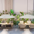 Outdoor Dining Area With Plant Combinations Lush Greenery Tropical Leaves String Lights And Umbrellas