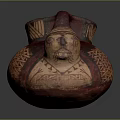 Ancient Ceramic Sculpture Red And Beige With Handle And Geometric Intricate Carved Designs On Surface