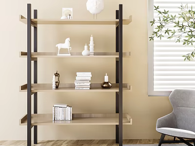 Modern Shelf with Black Frame and Light Wood Shelves Displaying Books Decorative Figurines and Bottles 3d model