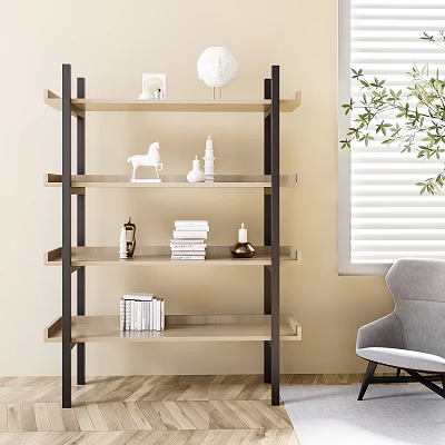 Modern Shelf with Black Frame and Light Wood Shelves Displaying Books Decorative Figurines and Bottles 3d model