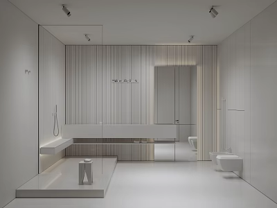 Modern Minimalist Bathroom Interior with Large Mirror Vanity White Tiles And Spotlights 3d model