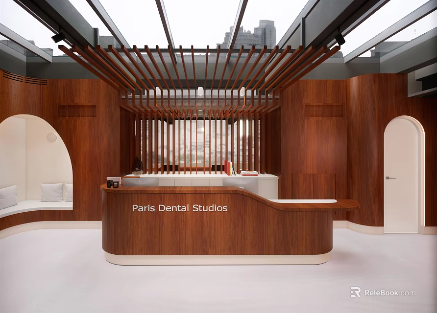 Reception Desk At Paris Dental Studios With Modern Wooden Interior Design And Slat Ceiling Structure 3d model 
