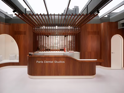 Reception Desk At Paris Dental Studios With Modern Wooden Interior Design And Slat Ceiling Structure 3d model