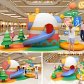 Indoor Children's Playground In Mall With Colorful Slide Kids Playing And Decorative Trees
