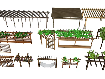 Various Wooden Pergola Designs with Lattice Tops and Climbing Plants for Gardens 3d model