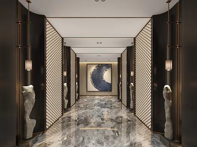 Luxurious Modern Elevator Hallway With Marble Flooring Decorative Screens And Art Sculptures 3d model