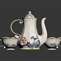 White Ceramic Tea Set With Blue Red Floral Patterns And Yellow Rim Teacups