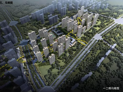 Aerial View of Phase 1 and 2 Residential Complex with Buildings Green Areas and Roads 3d model