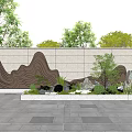 Feature Wall With Mountain Pattern And Green Plants In Outdoor Stone Pavement Area