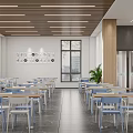 Modern Cafeteria With Blue Chairs Tables Large Windows And Bright Decor 3d model