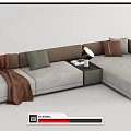 Modern Sectional Sofa With Beige Fabric Decorative Pillows Throw Blanket And Side Table 3d model