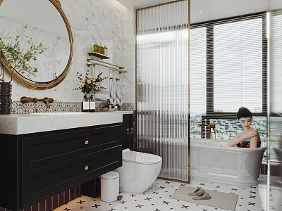 Modern Bathroom Interior Design With Round Mirror Black Vanity White Bathtub And Blinds 3d model