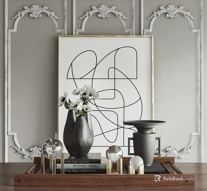 Elegant Modern Decorative Ornament Set With Geometric Line Art Vase Crystal Decor And Table 3d model 