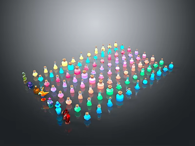 Colorful Small Bottles Arranged In Pattern On Black Background With Various Hues 3d model