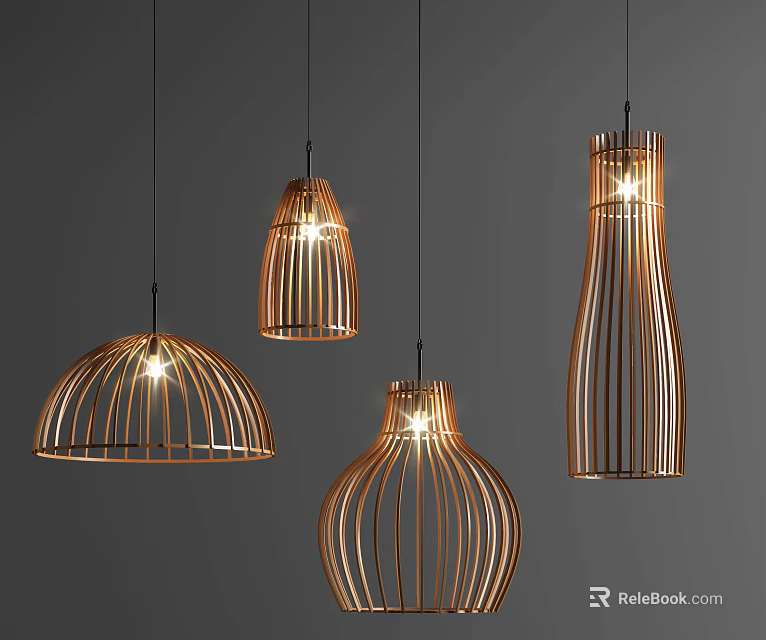 Modern Natural Woven Wooden Pendant Lights With Unique Cylindrical Dome And Round Shapes 3d model 