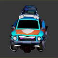 Colorful Cartoon Style Car With Roof Rack Luggage And Vibrant Blue Red Orange Design