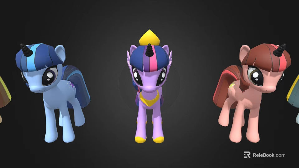 Cute Animated Little Pony Characters With Blue Purple Pink Manes And Horns 3d model 