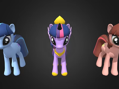 Cute Animated Little Pony Characters With Blue Purple Pink Manes And Horns 3d model