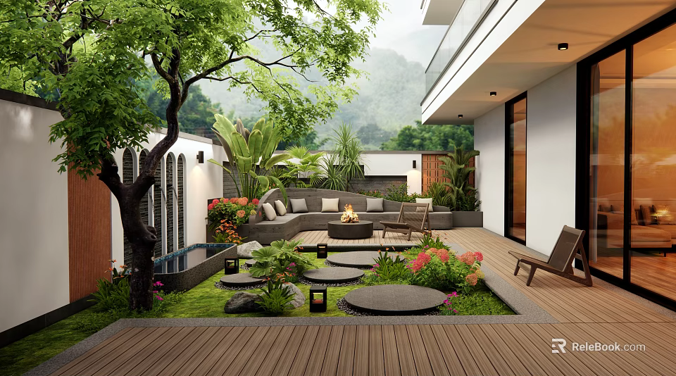 Beautiful Garden Patio Design With Wooden Deck Sofa Fire Pit And Green Plants 3d model 