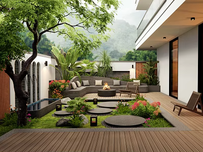 Beautiful Garden Patio Design With Wooden Deck Sofa Fire Pit And Green Plants 3d model