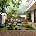 Beautiful Garden Patio Design With Wooden Deck Sofa Fire Pit And Green Plants