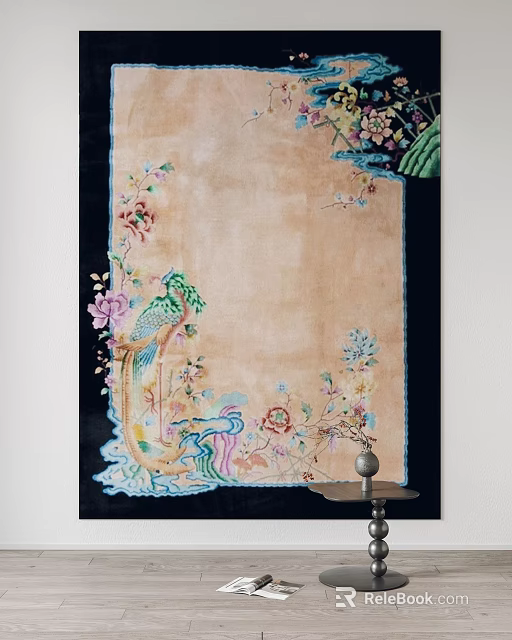 Vintage Oriental Rug With Colorful Bird Floral Patterns Beige Background And Black Border 3d model 