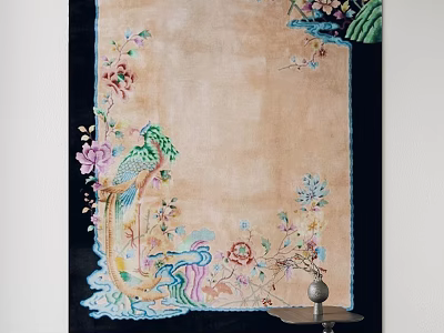 Vintage Oriental Rug With Colorful Bird Floral Patterns Beige Background And Black Border 3d model